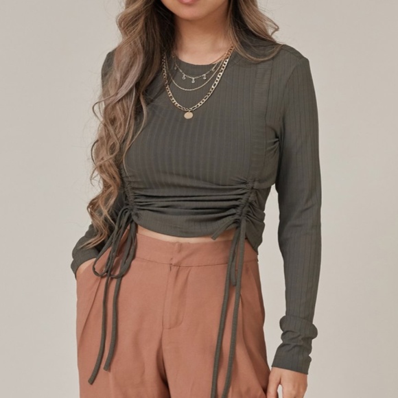 Forest Green Olive Long Sleeve Ruched Crop Top - Picture 1 of 4